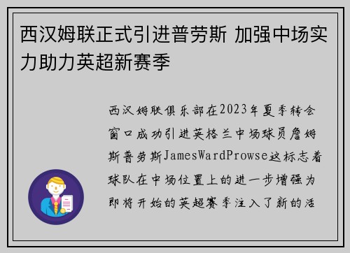 西汉姆联正式引进普劳斯 加强中场实力助力英超新赛季 西汉姆联正式引进普劳斯 加强中场实力助力英超新赛季