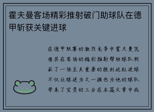 霍夫曼客场精彩推射破门助球队在德甲斩获关键进球